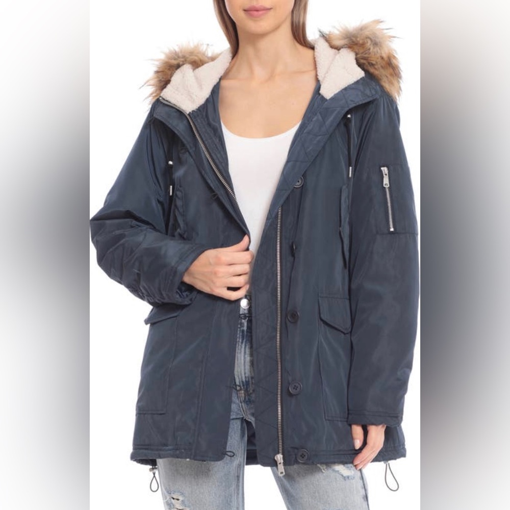 Avec Les Filles Navy Blue Hooded Utility Jacket with Faux Fur Trim